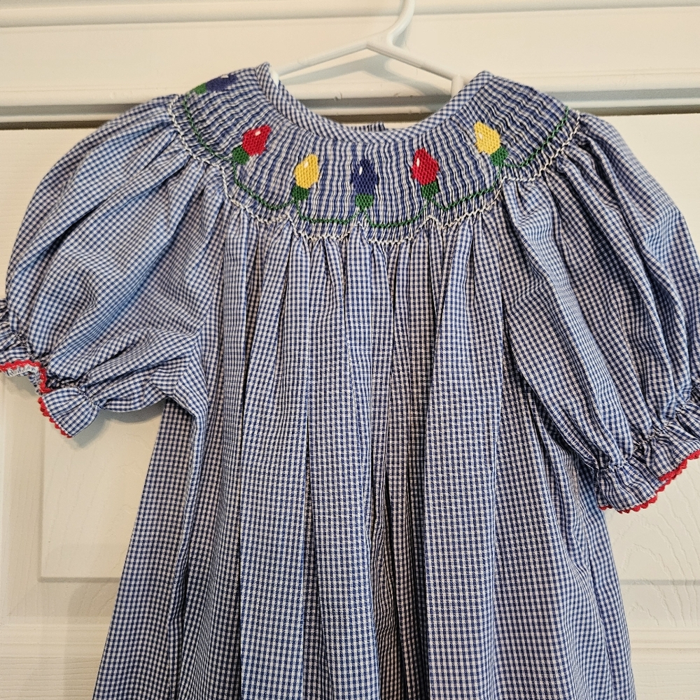 Amanda Remembered Blue & White Smocked Kids Dress with Christmas Lights. Sz 5 - Picture 3 of 9